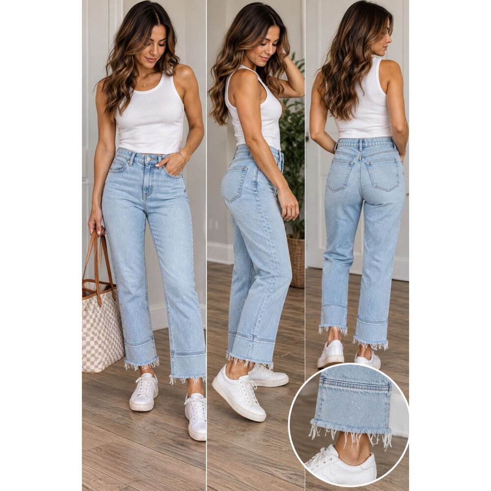 LOFT Made & Loved Petite 0P 25 Light Wash Straight Leg Raw Hem Jeans